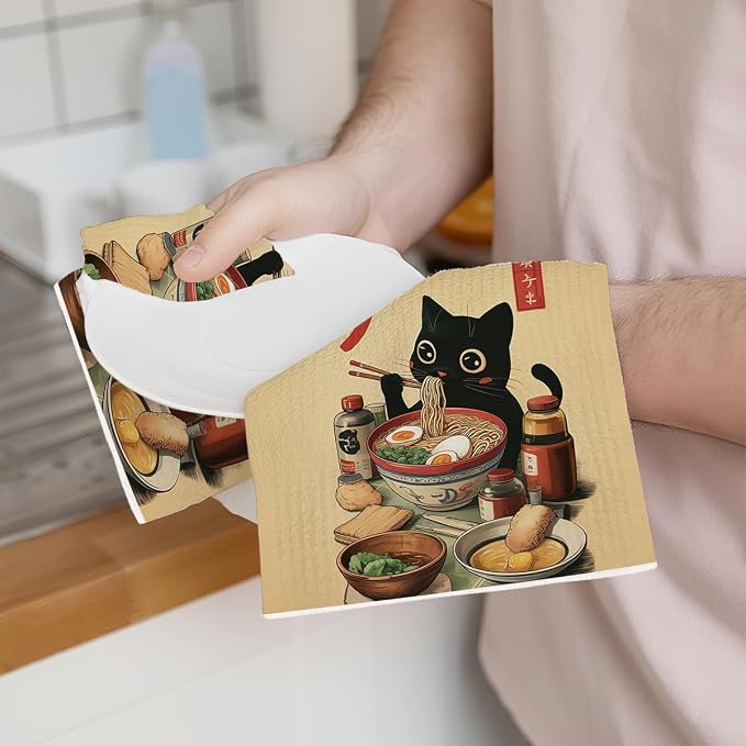 2PCS Vintage Japanese Cat Kitchen Towels, Quirky Ramen Cat Reusable Absorbent - Image 3
