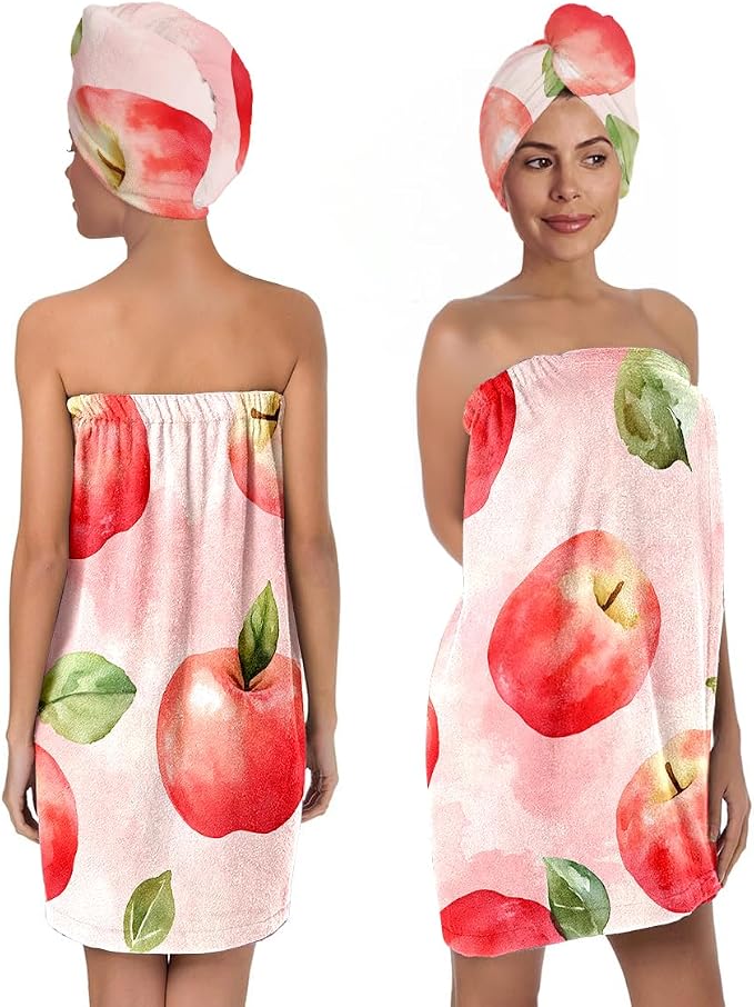 Women’s Pink Watercolor Apple Bath Wrap and Hair Towel Set, Soft Absorbent by QIULIBMH