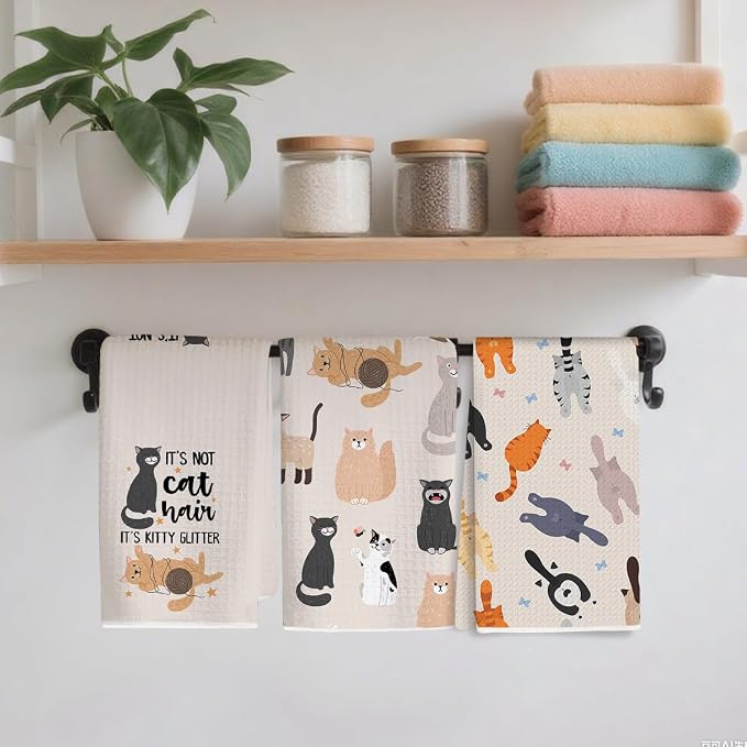 3PCS Cute Cat Kitchen Towels, Cat Themed Gifts Reusable Absorbent Waffle Weave - Image 4