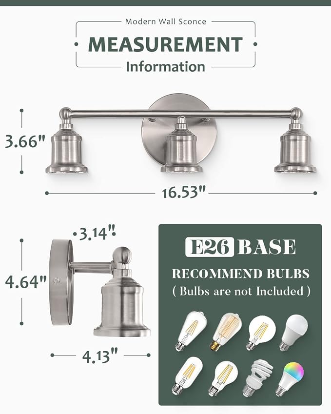 3-Light Vanity Light Fixture, Modern Brushed Nickel Wall Sconce Light Fixture - Image 3
