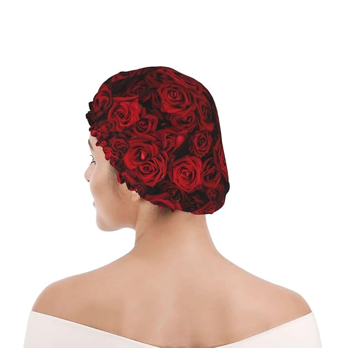Red Rose Flowers Shower Cap For Women Reusable Waterproof Double Layers Bath - Image 7