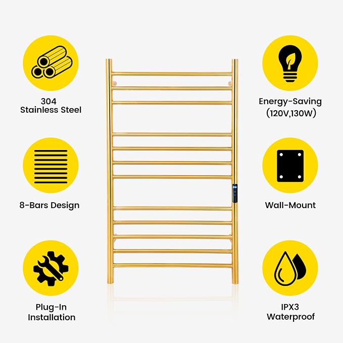 12-Bars Gold Heated Towel Rack–23" Wall Mounted Towel Warmer - Image 4