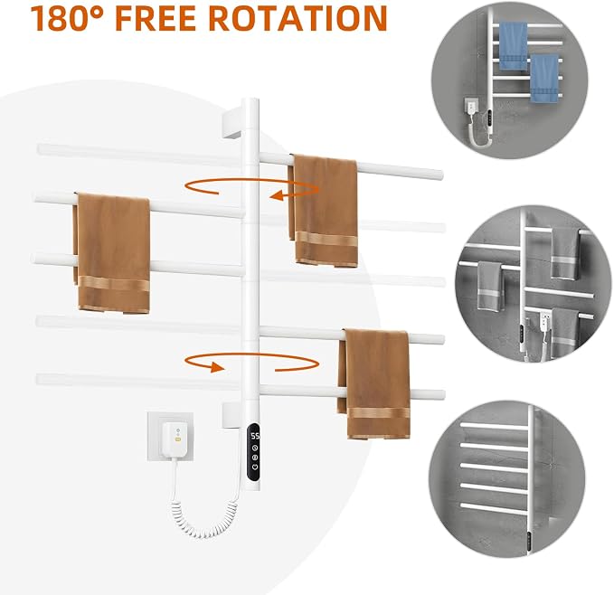 Electric Towel Warmer, 5-Bar Rotating Heated Towel Rack, 2-3 Minutes to - Image 2