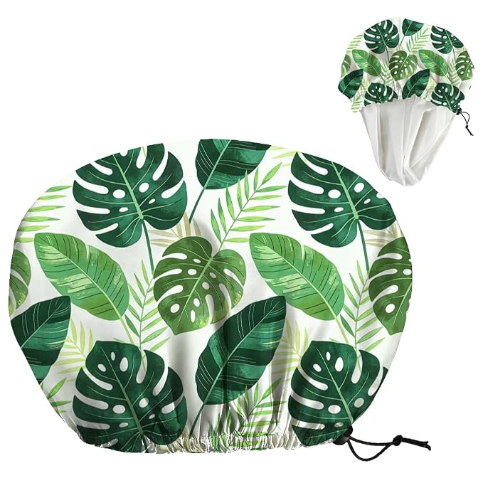 Tropical Leaves Reusable Shower Cap Green Monstera Double Layer Waterproof by DELORIGIN