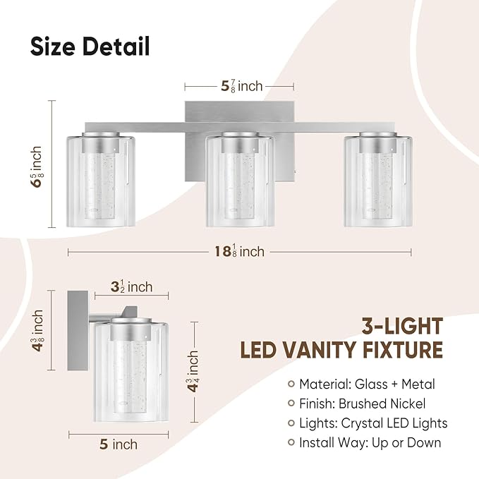 LED Modern Bathroom Light Fixtures Over Mirror, 3-Light Brushed Nickel Vanity - Image 5