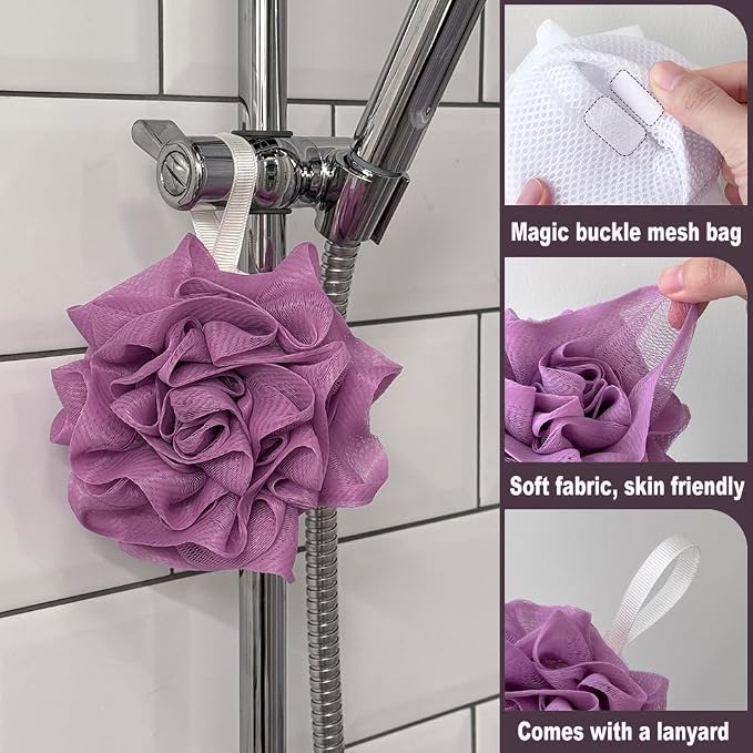 3 Pack Bath Loofah Shower with Soap Bags, Dual-Use Exfoliating Bath Sponges - Image 2