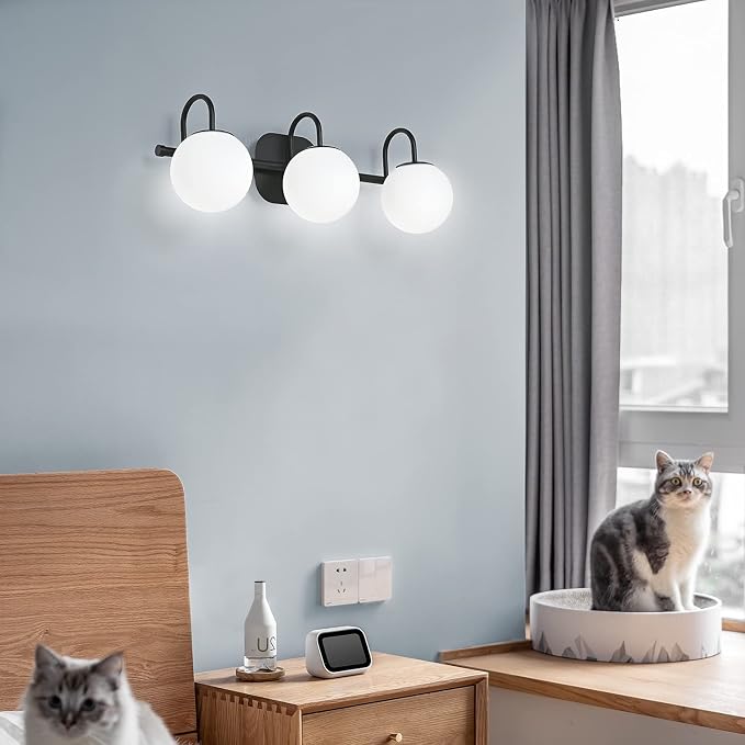 Modern Black Bathroom Vanity Light Fixtures 3 Lights Frame and Milk White Glass - Image 6