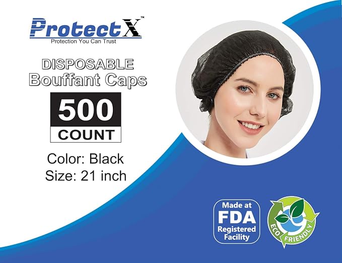 ProtectX 500-Pack Black Disposable Hair Nets, Elastic Head Cover, Bouffant Caps - Image 3
