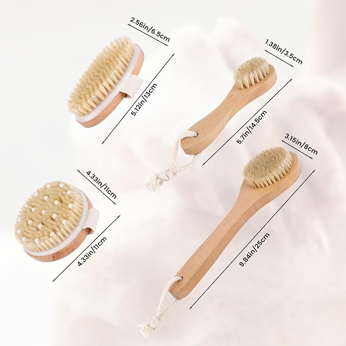 Dry Brush Set-4 Packs Natural Boar Bristle Dry Brushing Body Brush Exfoliating - Image 2