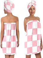 Checkered Bath Wrap Set with Hair Turban, Spa Towel Wrap, Towel Robe by BaBakiak