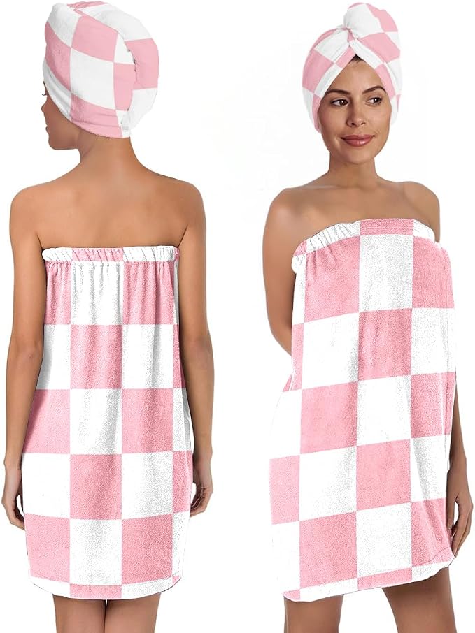 Checkered Bath Wrap Set with Hair Turban, Spa Towel Wrap, Towel Robe by BaBakiak