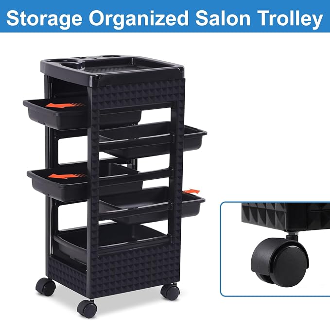 Salon Trolley Cart with 5 Drawers, Beauty Rolling Hair Rack with Worktop - Image 3