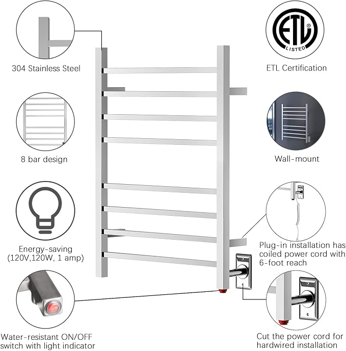 HEATGENE Towel Warmer, Heated Towel Warmer Rack, Wall-Mounted Hardwired/Plug-in - Image 3