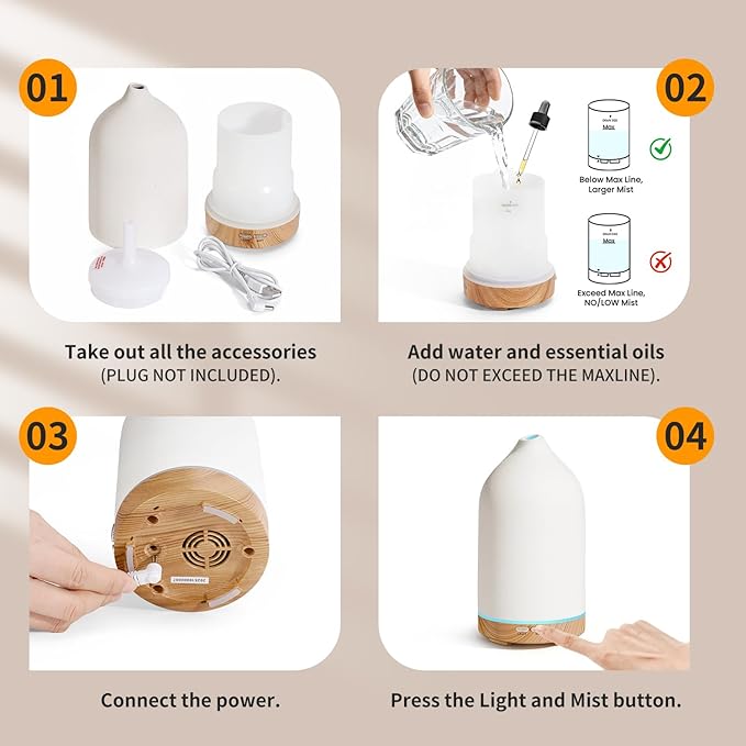 URPOWER 120ML Ceramic Essential Oil Diffuser, Ultrasonic Aromatherapy Diffuser - Image 7
