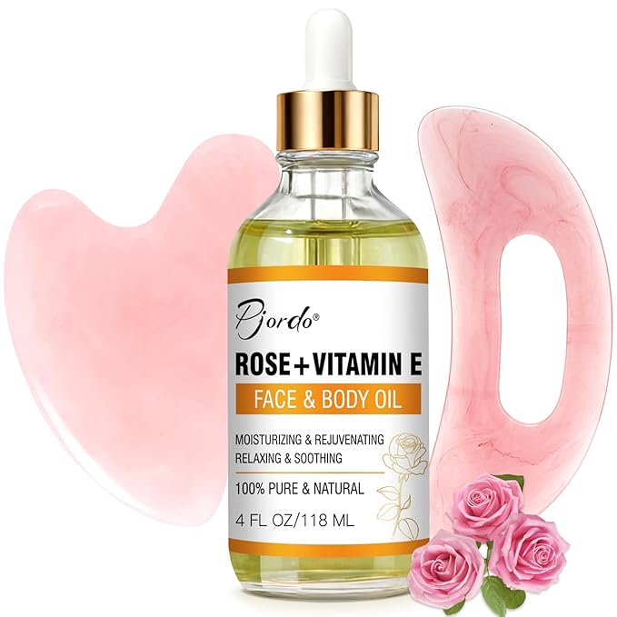 Pjordo Vitamin E Rose Oil & Gua Sha Massage Tools Set, Gua Sha Oil by Pjordo