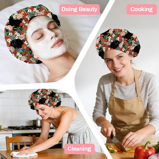 Black Cat Reusable Shower Cap Flower Double Layer Waterproof Shower Caps Large - Image 7