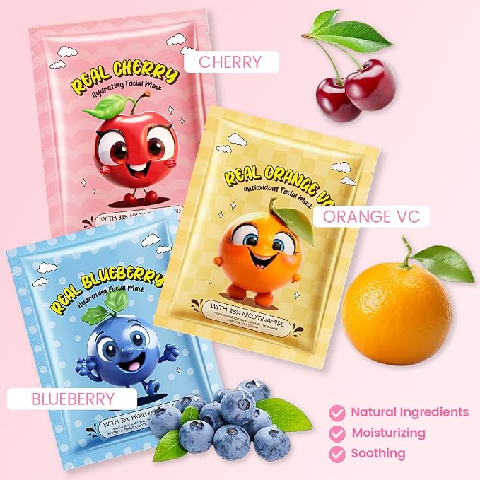Kaely 12 Pack Fruit Face Masks for Kids, Kids Face Mask Spa Day Kit Supplies - Image 2