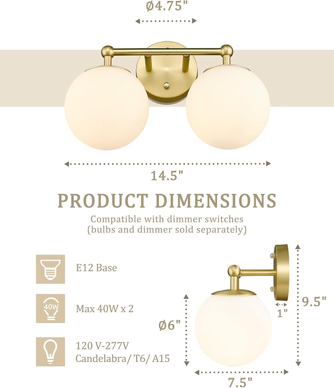 AKEZON Gold Bathroom Light Fixtures, 2-Light Vanity Lights Over Mirror Wall - Image 5