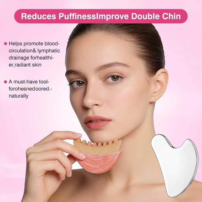Lymphatic Contour Face Brush & Stainless Steel Gua Sha Tool Set – 2-in-1 Facial - Image 3