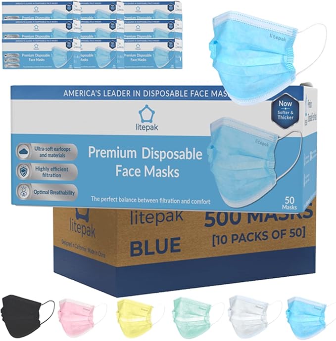 Litepak 500pcs Premium Disposable Face Mask SOFT 3ply Nose Wire by Litepak
