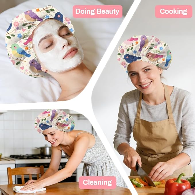 Bohemian Birds Flowers Reusable Shower Cap Cute Double Layer Waterproof Shower - Image 7