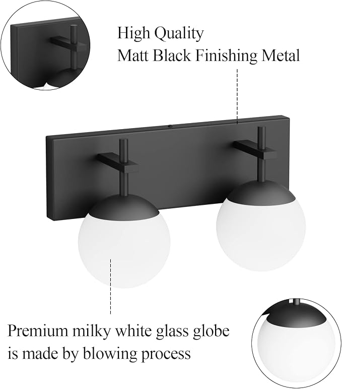 Ralbay Matte Black Bathroom Wall Light Fitures 2-Light Mid Century Modern - Image 5