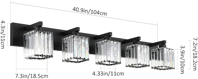 Aipsun Bathroom Vanity Light Black Light Fixtures 5 Light Crystal Vanity Light - Image 6