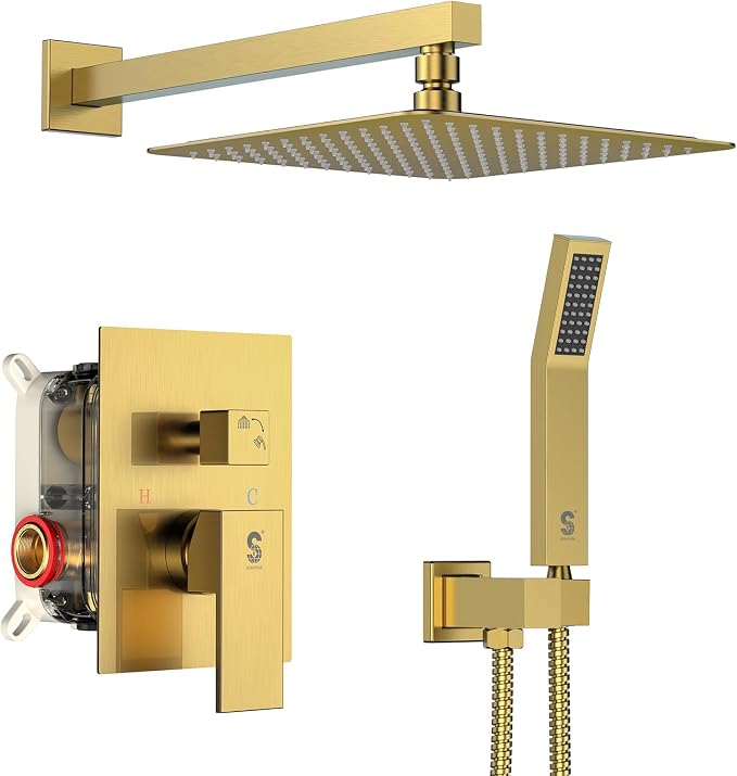 SR SUN RISE Shower Faucets Sets Complete Brushed Gold Square Rain Shower Head by SRSUNRISE