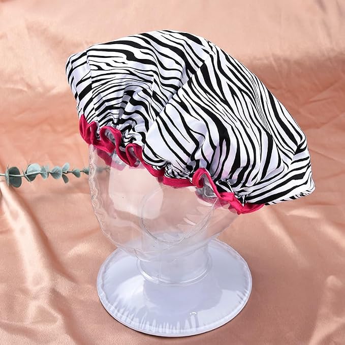 Vintage Zebra Print Shower Cap for Women Reusable Waterproof Large Adjustable - Image 6