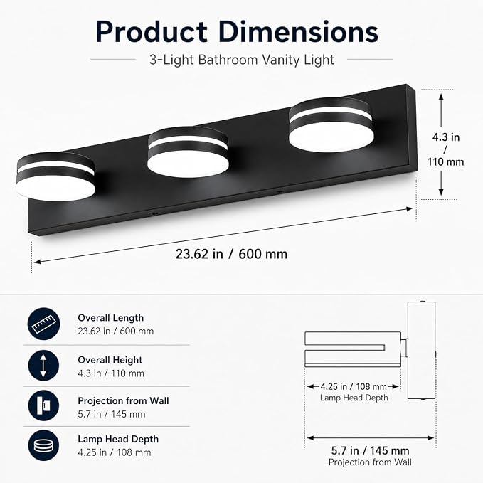 3-Light Bathroom Vanity Light Over Mirror, Matte Black LED Vanity Lighting - Image 6