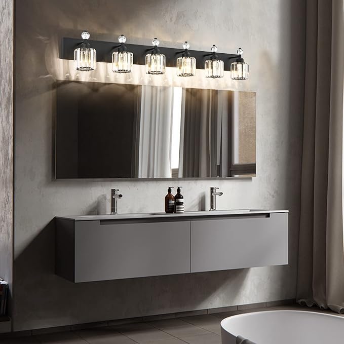 PRESDE 6-Light Crystal Bathroom Lights Fixtures Modern Matte Black Bathroom - Image 2