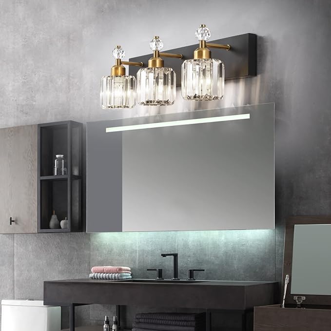 PRESDE Crystal 3 Light Bathroom Vanity Lights Black and Gold Bathroom Lights - Image 3
