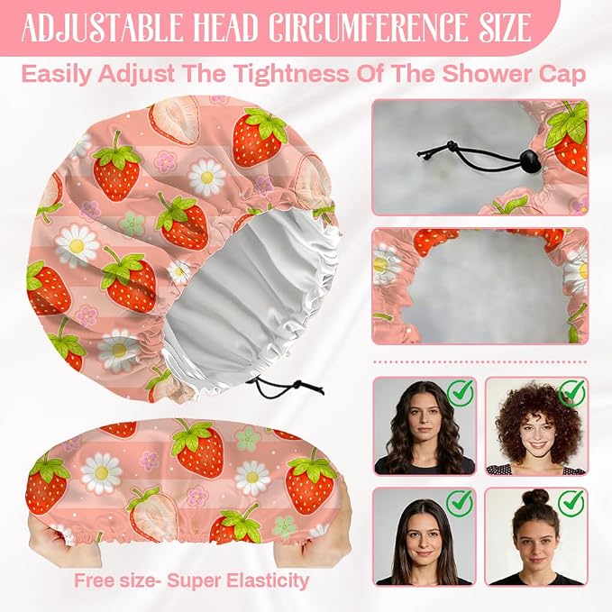 Strawberries Reusable Shower Cap Cute Fruit Double Layer Waterproof Shower Caps - Image 2
