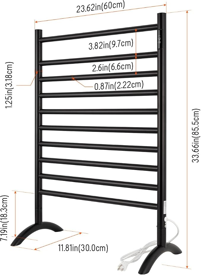 Freestanding Towel Warmer 10 Bars Plug-in Option 3 Working Modes Black - Image 5