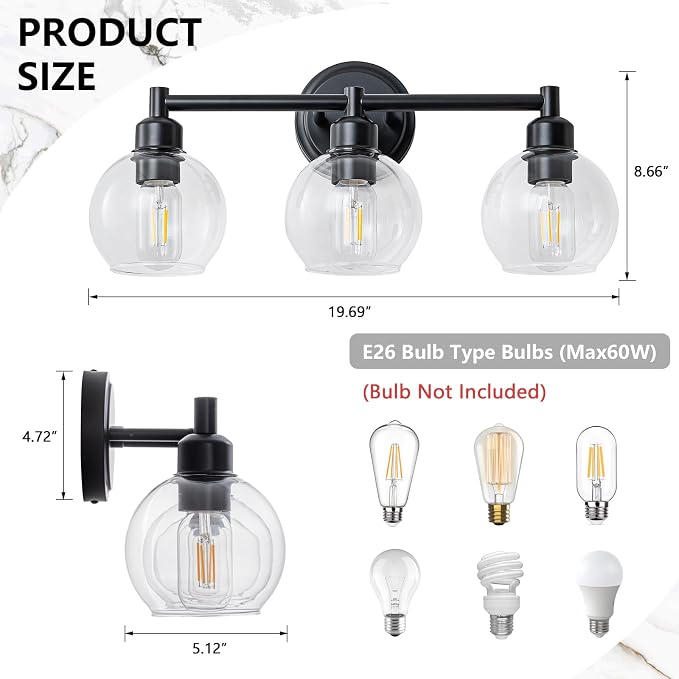 Modern Black Bathroom Vanity Lights, 3-Light Matte Black Bathroom Light Fixture - Image 5