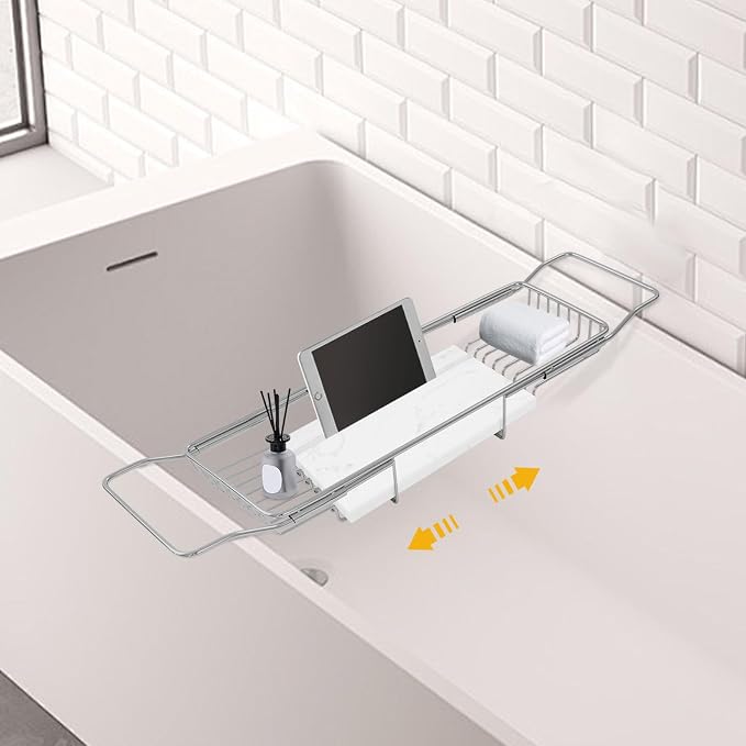 Stainless Steel Bathtub Tray, Expandable Marble Bath Tray - Image 6