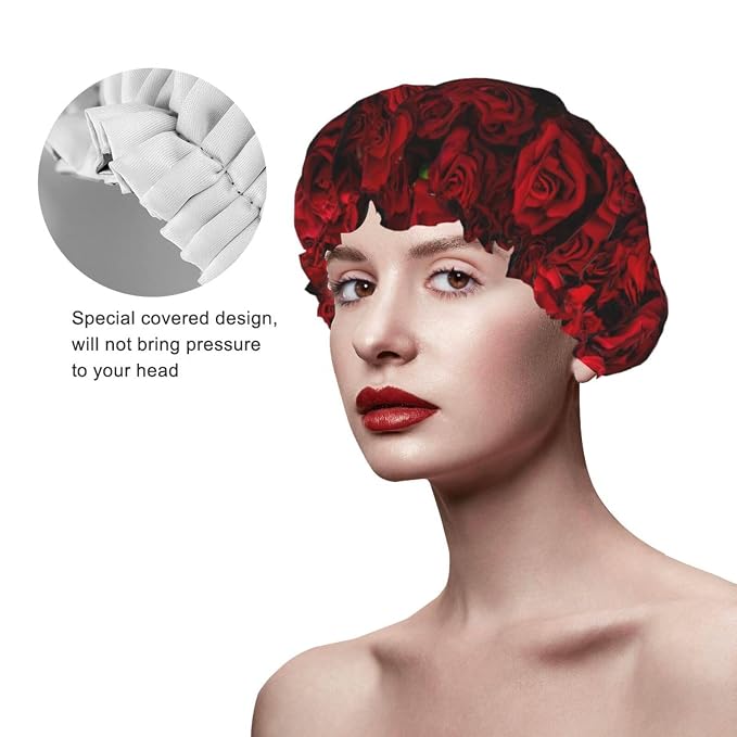 Red Rose Flowers Shower Cap For Women Reusable Waterproof Double Layers Bath - Image 3