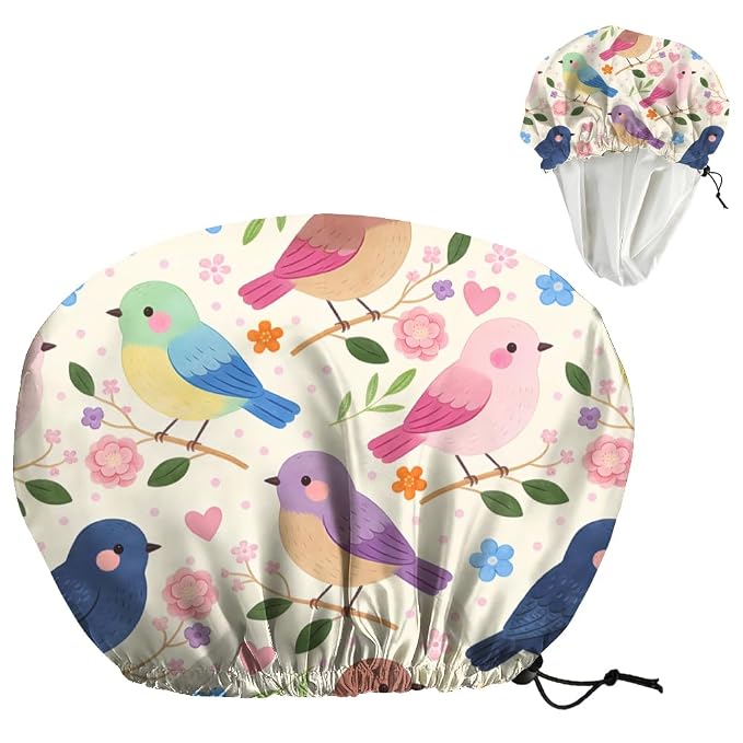 Bohemian Birds Flowers Reusable Shower Cap Cute Double Layer Waterproof Shower by DELORIGIN