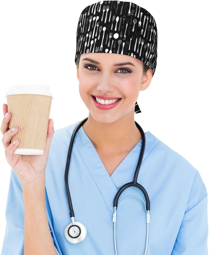 Scrub Cap for Women and Men Boho Black Leaf Pattern Adjustable Breathable - Image 6