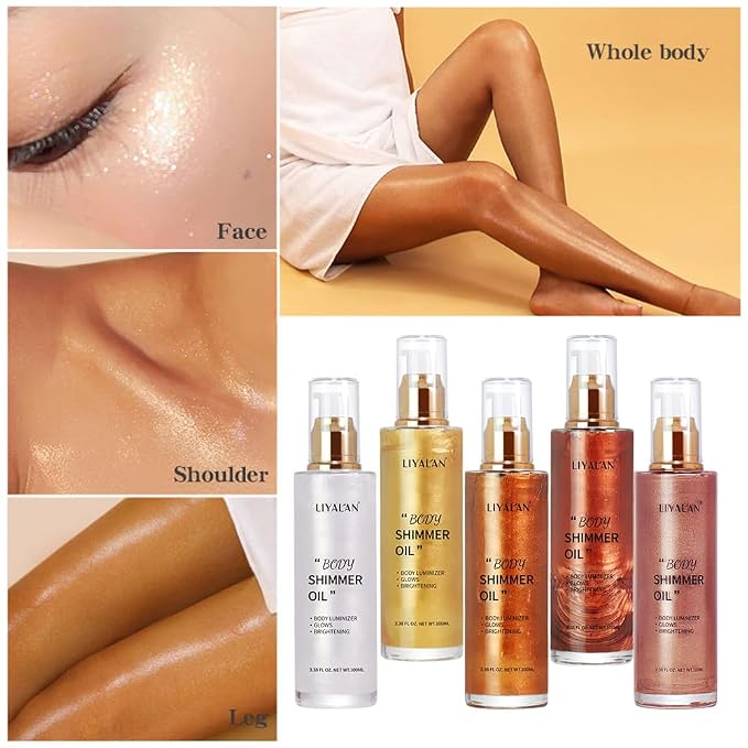 Liyalan Shimmer Body Oil Bronze Gold 5 Color Bronze 3.38 Fl Oz Face Glow Pearl - Image 3