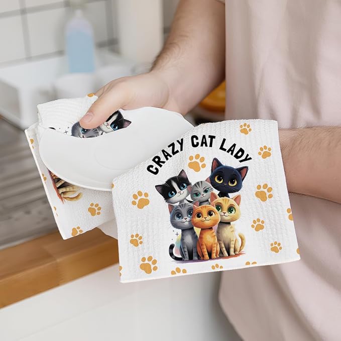 2PCS Cute Cat Kitchen Towels, Cat Themed Gifts Reusable Absorbent Waffle Weave - Image 3