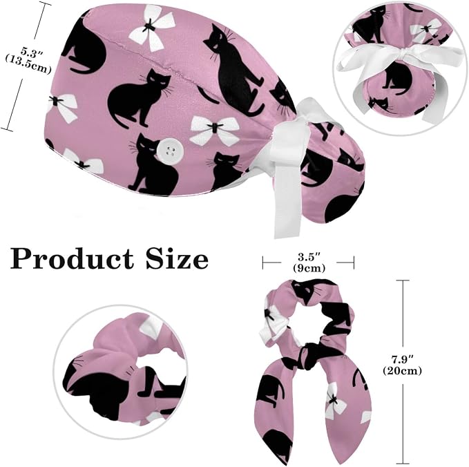 Scrub Caps Women Ponytail Cute Pink and White Leaves Caps Bouffant Working Hat - Image 2
