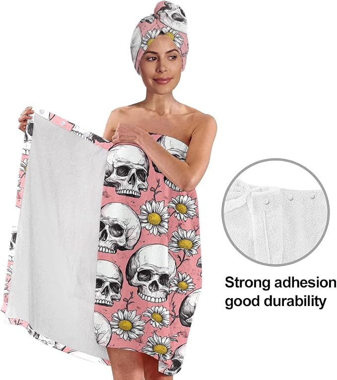 Bath Wrap Set with Hair Turban, Gothic Floral Pattern, Skull and Daisy Print - Image 4