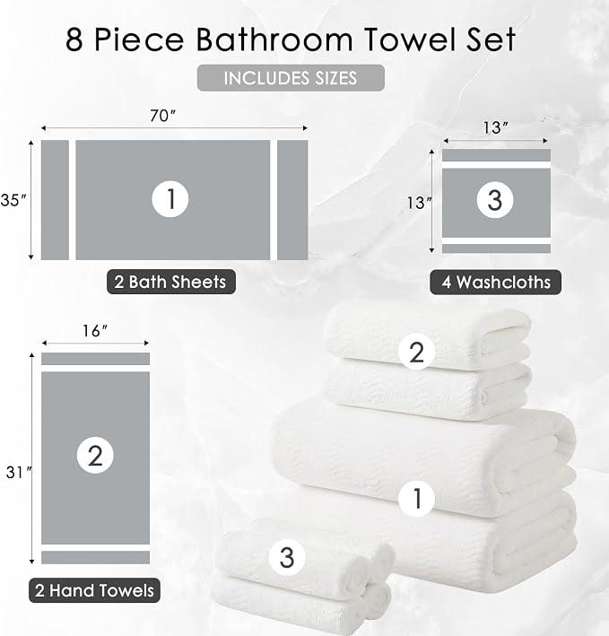 8 Piece Bath Towel Set White|2 Oversized Large Bath Sheet, 2 Hand Towels - Image 5