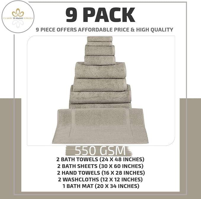 Classic Turkish Towels CTT Set of 9-100% Turkish Cotton, Absorbent & Comfy - Image 2