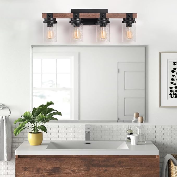 4-Lights Farmhouse Bathroom Vanity Light, Rustic Wood Bathroom Light Fixtures - Image 7