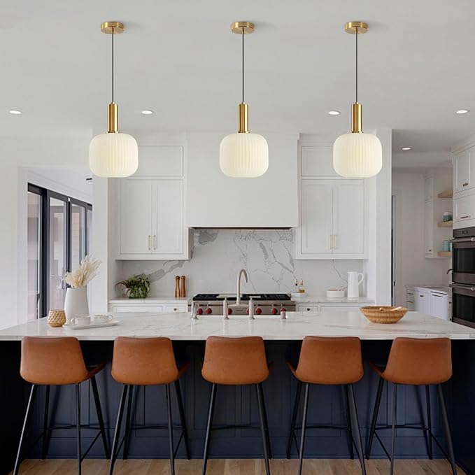 KCO Lighting Milk Glass Pendant Light White Ribbed Glass Pendant Lighting - Image 4