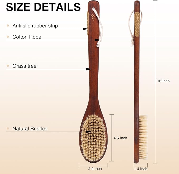 Wooden Bath Brush with Gentle Bristles Long Handle - Image 4