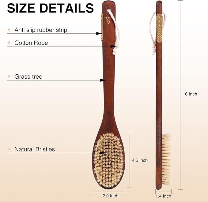 Wooden Bath Brush with Stiff Sisal Bristles Long Handle - Image 4