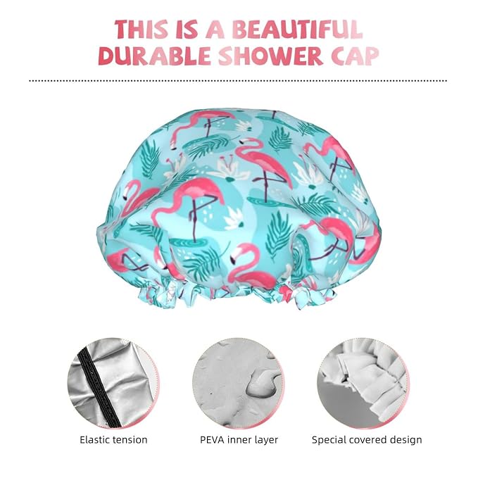 Pink Flamingos Shower Cap For Women Reusable Waterproof Double Layers Bath Cap - Image 4